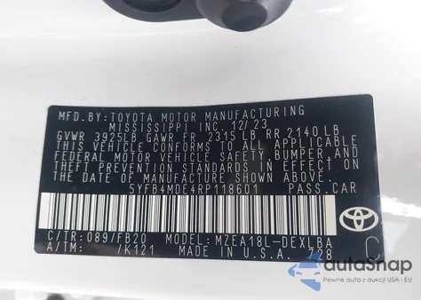 2024 Toyota Corolla Le z USA, uszkodzony, nr VIN 5YFB4MDE4RP118601